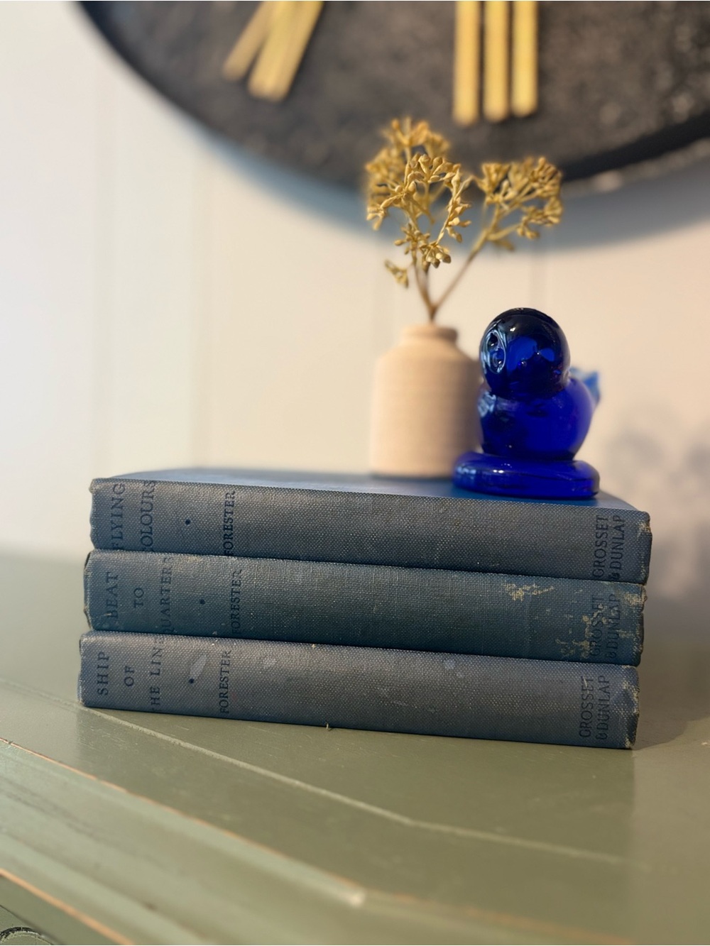 Lot of 3 Vintage Book Stack Distressed Navy Blue Library Prop Shelf Decor Shelf